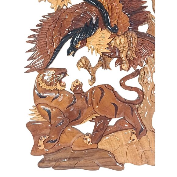 Handcrafted Wood 3D  Intarsia Wall Sculpture Art Tiger Patriotic Eagle B… - Picture 3 of 8